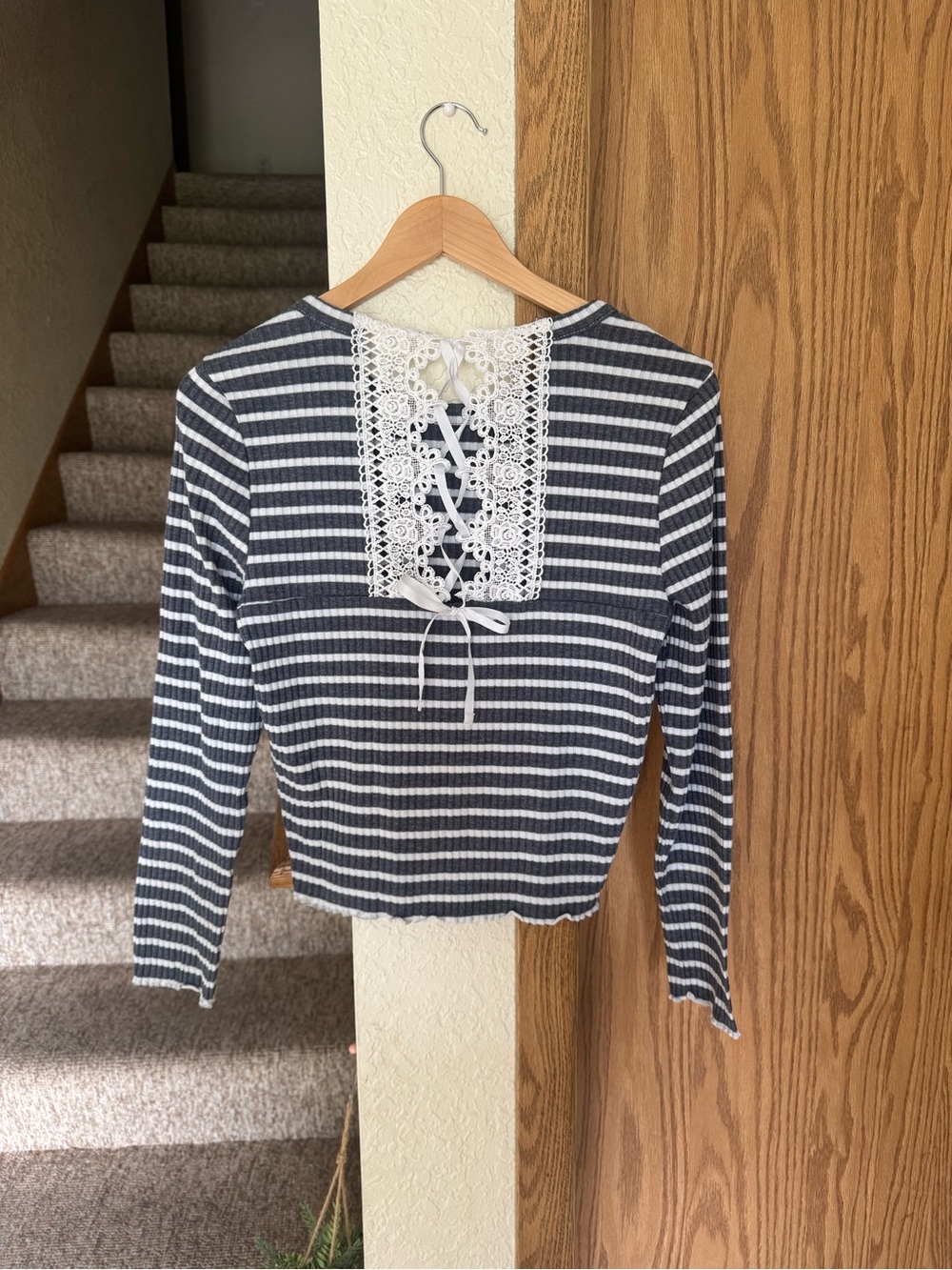 American Rag Striped Lace-Back Long Sleeve Top - Navy/White L